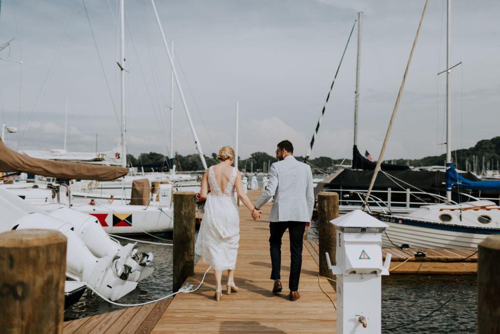 Bride and Groom on docks by Lake Michigan